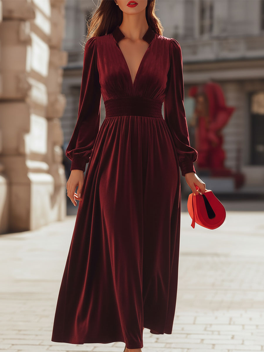 Elegant Burgundy Velvet Deep V-Neck Maxi Dress