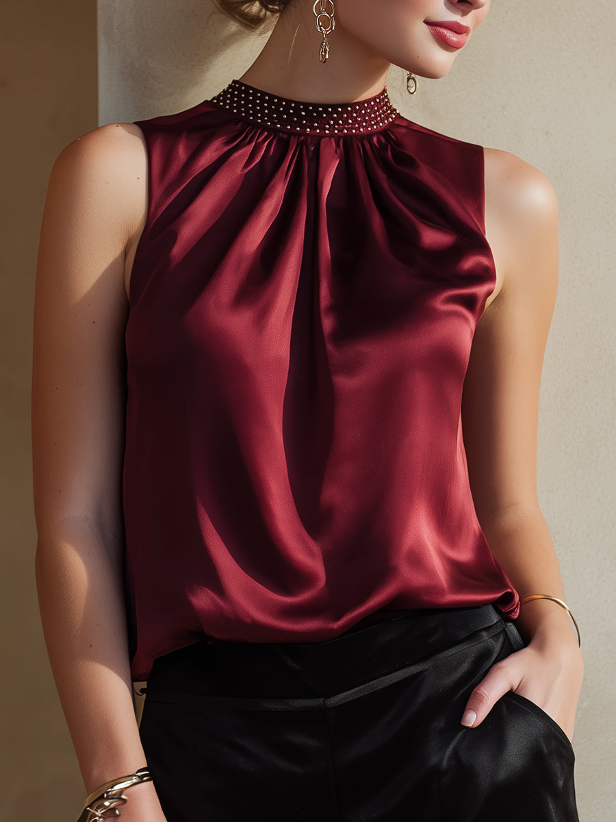 Sleeveless Wine Satin Top With Embellished Mock Neck