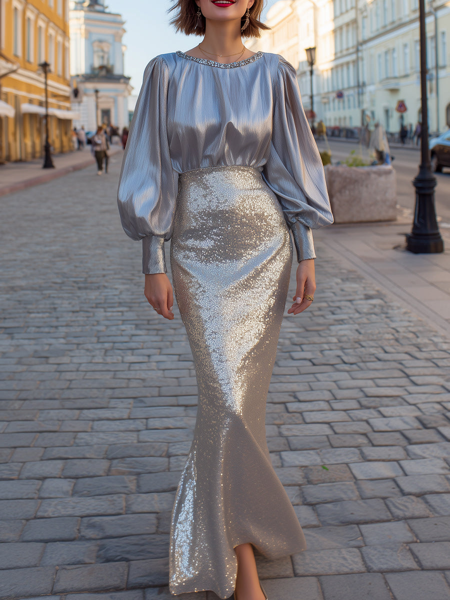 Metallic Pleated Sequin Mermaid Panel Dress