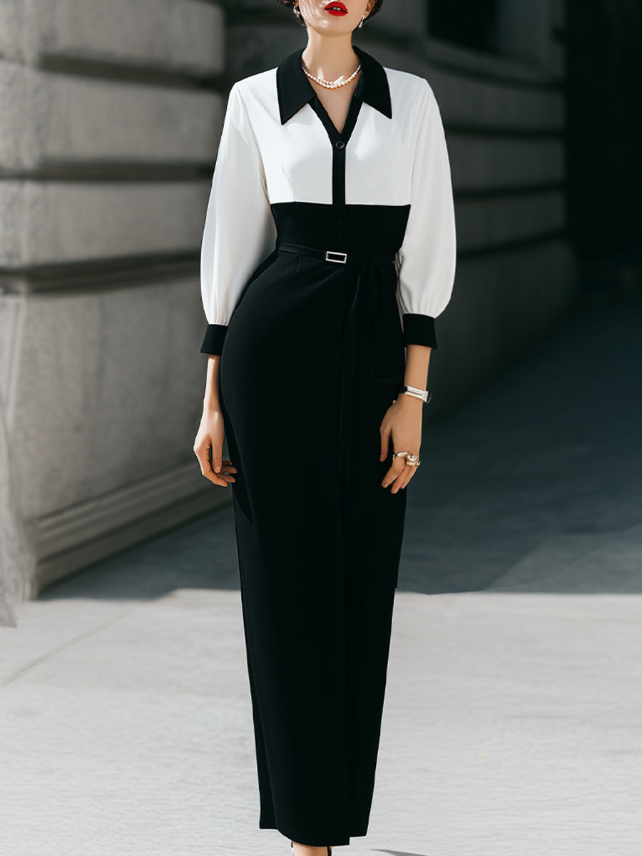 Elegant Contrast-Collar Long-Sleeve Maxi Dress