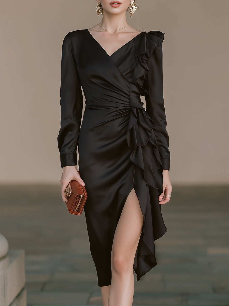 Asymmetric Ruffled Wrap Dress With Side Cascading Detail