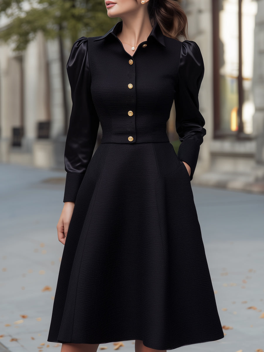 Structured Contrast-Sleeve A-Line Midi Dress