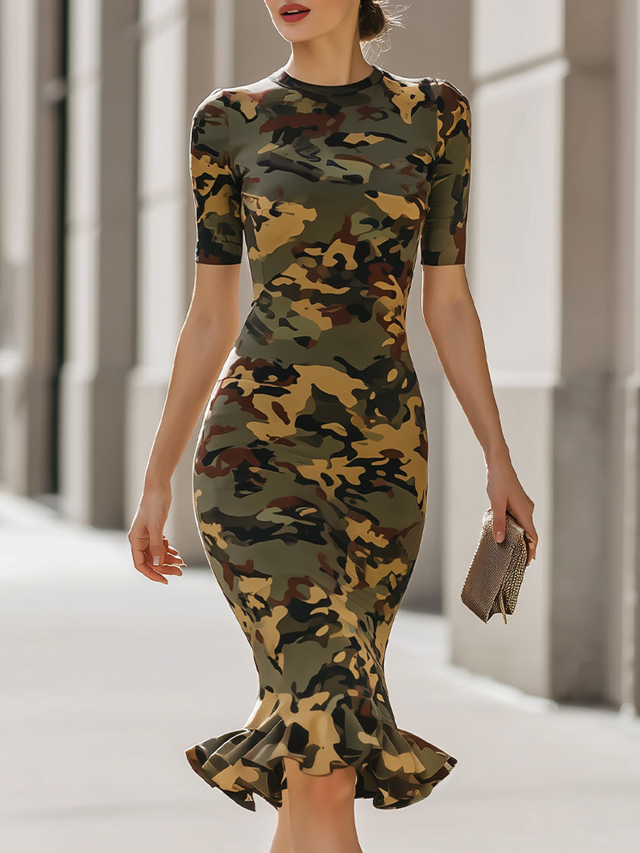 Camouflage Print Ruffled Hem Midi Sheath Dress