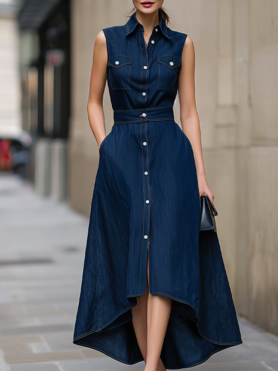 Dark Denim Sleeveless Shirt Dress With High-Low Hem & Pockets