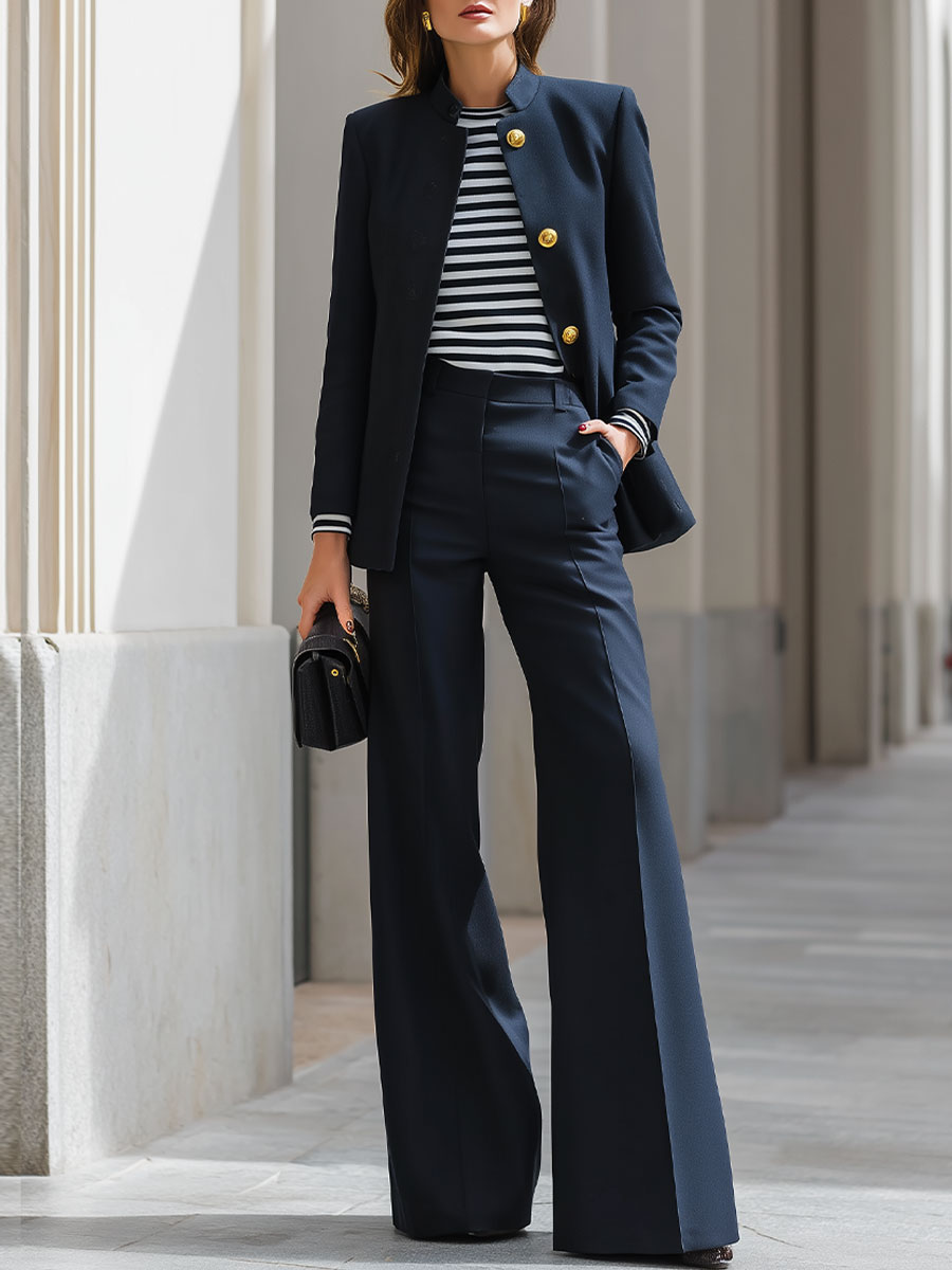 Navy Stand-Collar Blazer & Wide-Leg Pant Tailored Set With Gold Accents