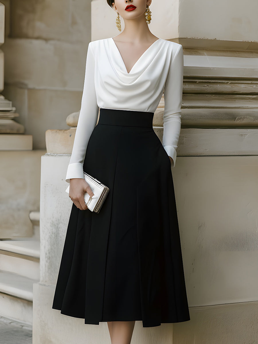 Draped Neck Contrast Midi Dress