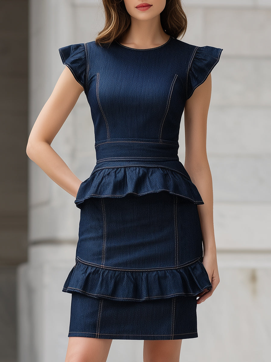 Structured Denim Ruffle Peplum Dress