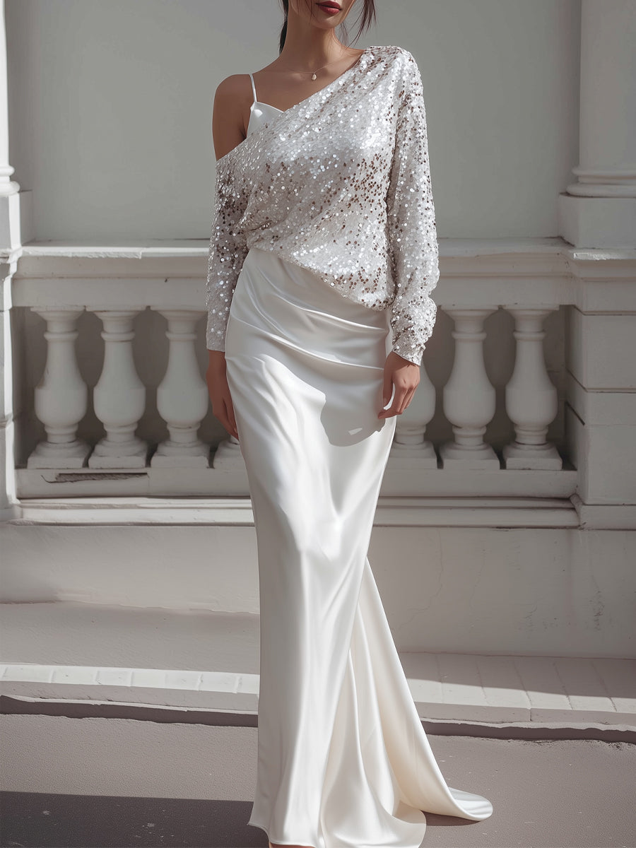 Draped Sequin Overlay Set With Satin Slip Dress