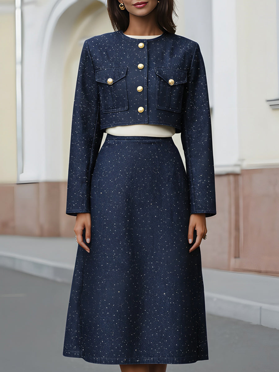 Silver-Dusted Denim Two-Piece Set With Cropped Jacket And A-Line Midi Skirt