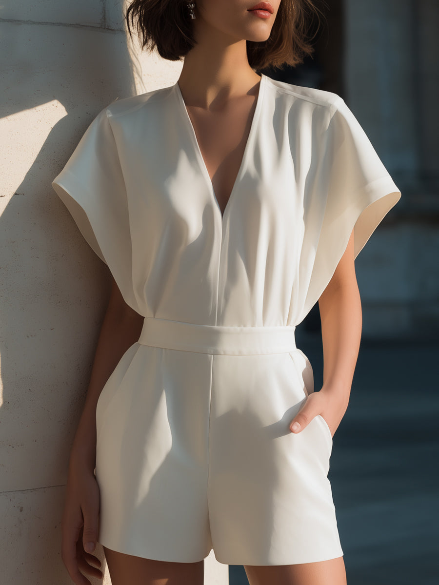 Draped V-Neck Short Sleeve Tailored Romper