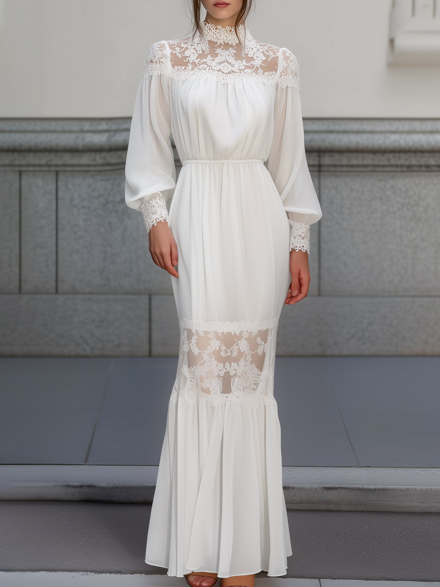 Lace High Neck Sheer Panel Maxi Dress