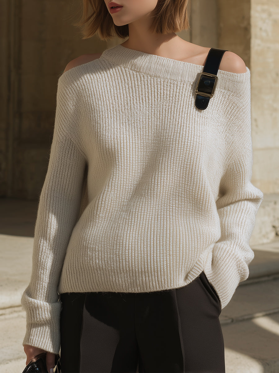 Asymmetric Off-Shoulder Sweater With Buckle Detail