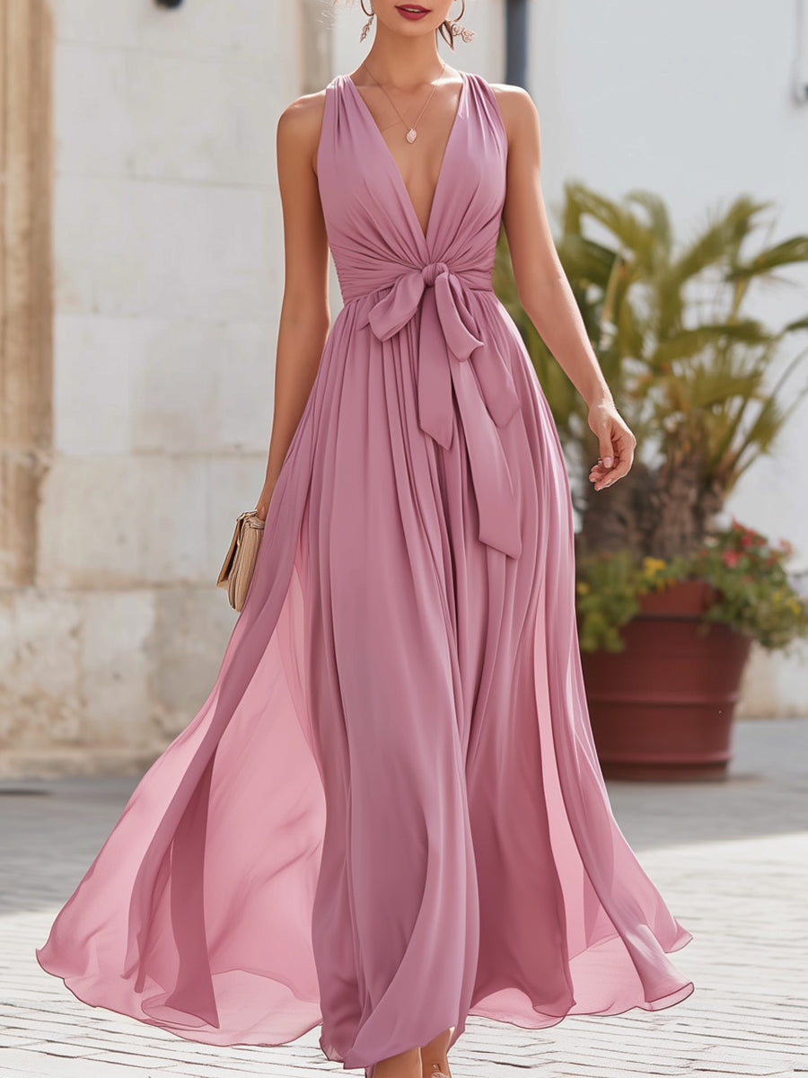 Halter V-Neck Tie-Waist Flowing Maxi Dress
