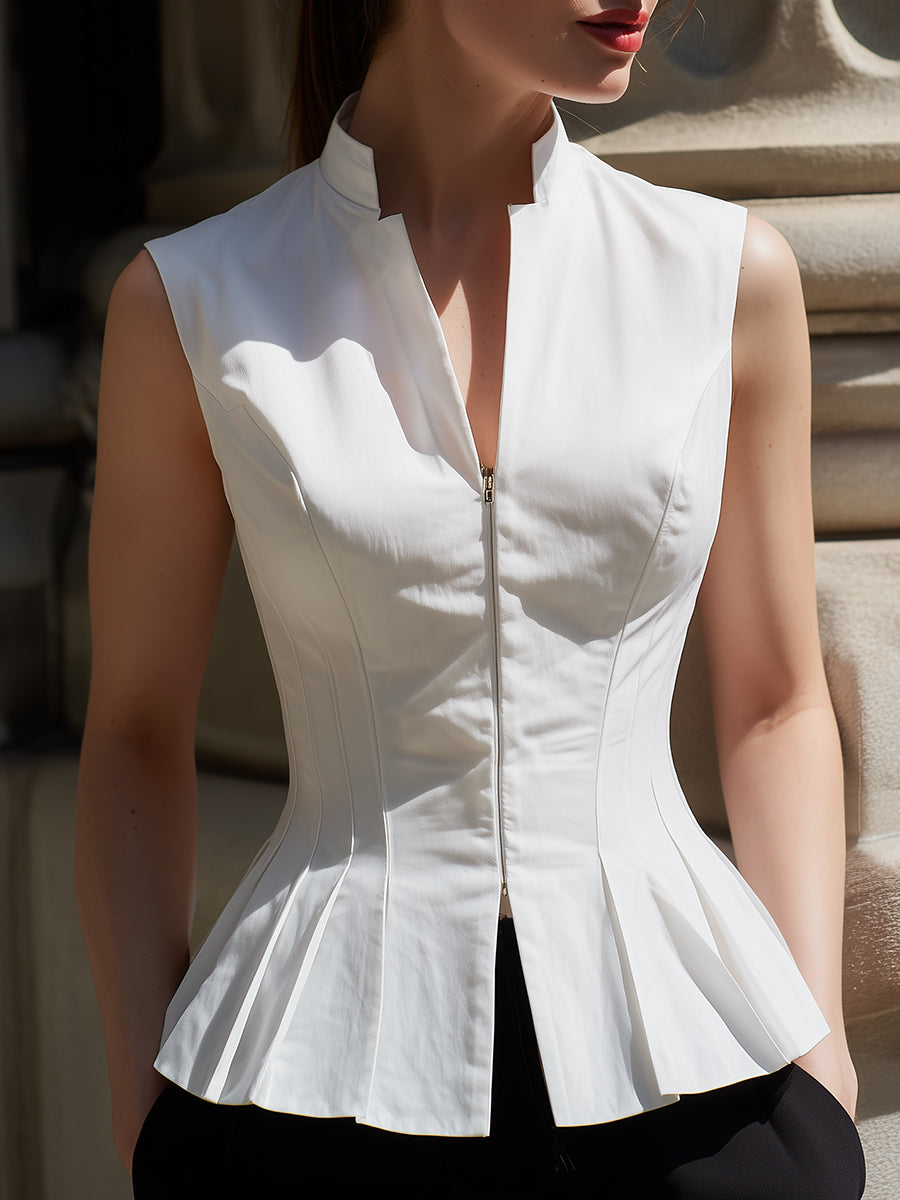 White Sleeveless Stand Collar Zip-Front Peplum Top