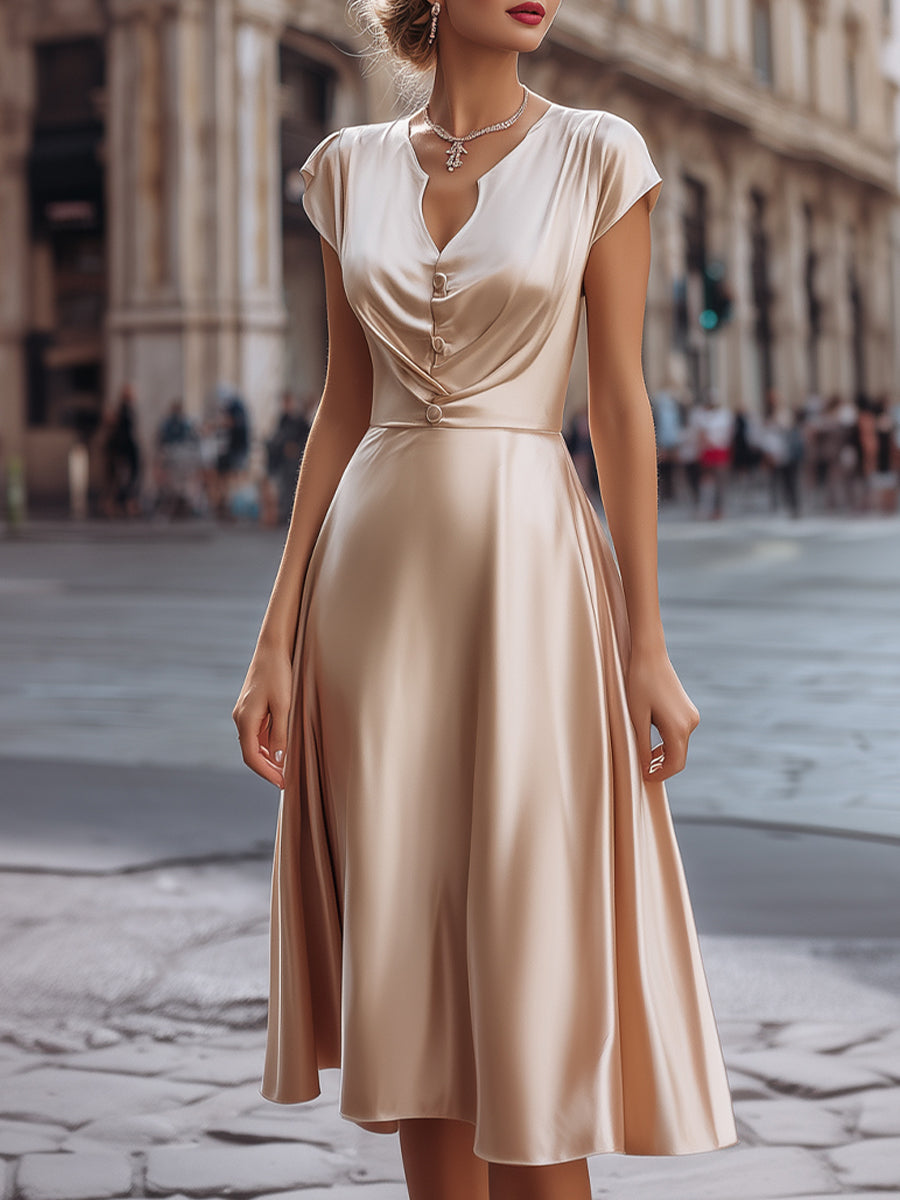 Elegant Satin Plain Midi Dress