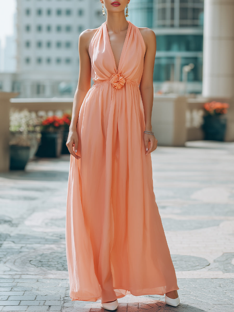 Elegant Halter Neck Chiffon Maxi Dress