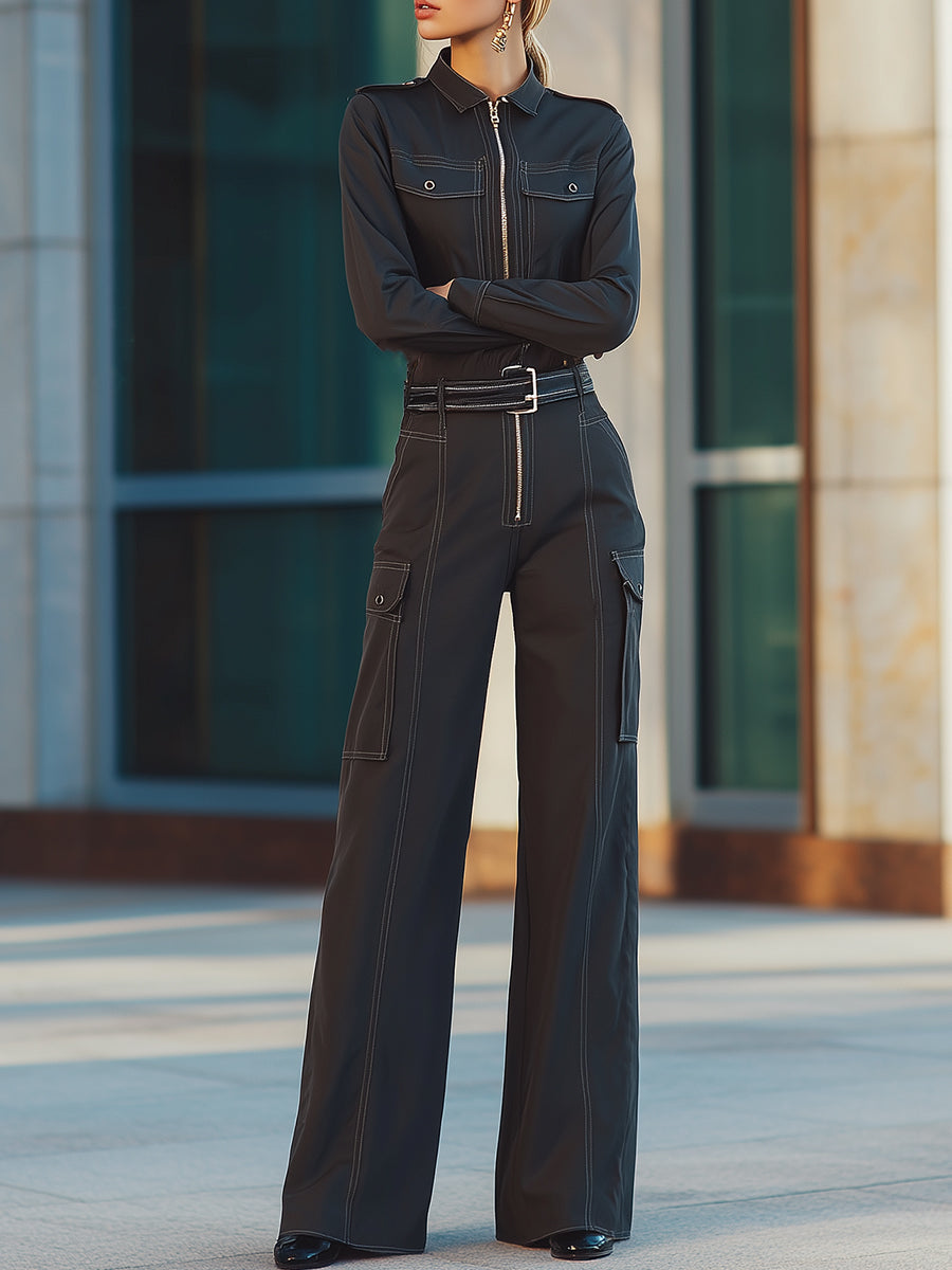 Structured Utility-Inspired Belted Jumpsuit With Contrast Stitching
