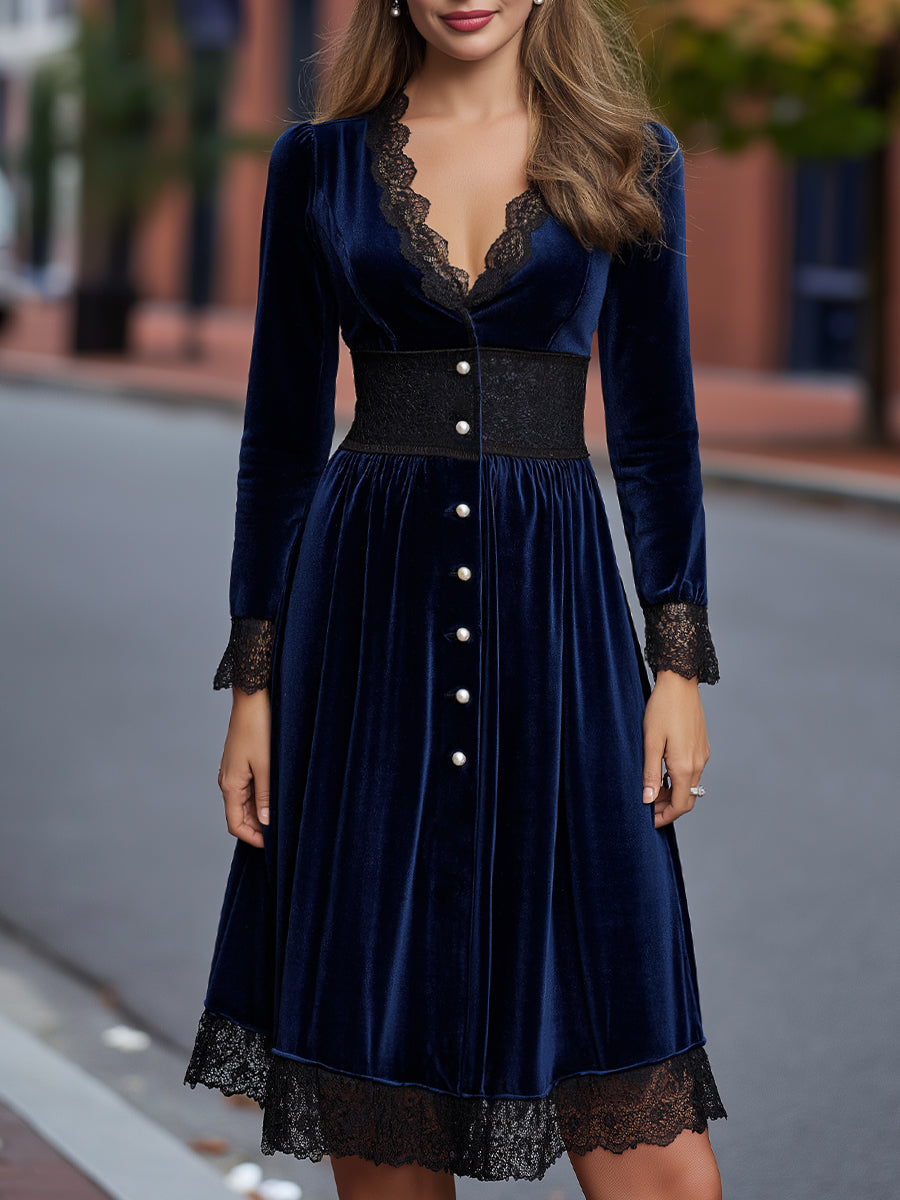 Velvet Lace-Trim Button-Front Midi Dress
