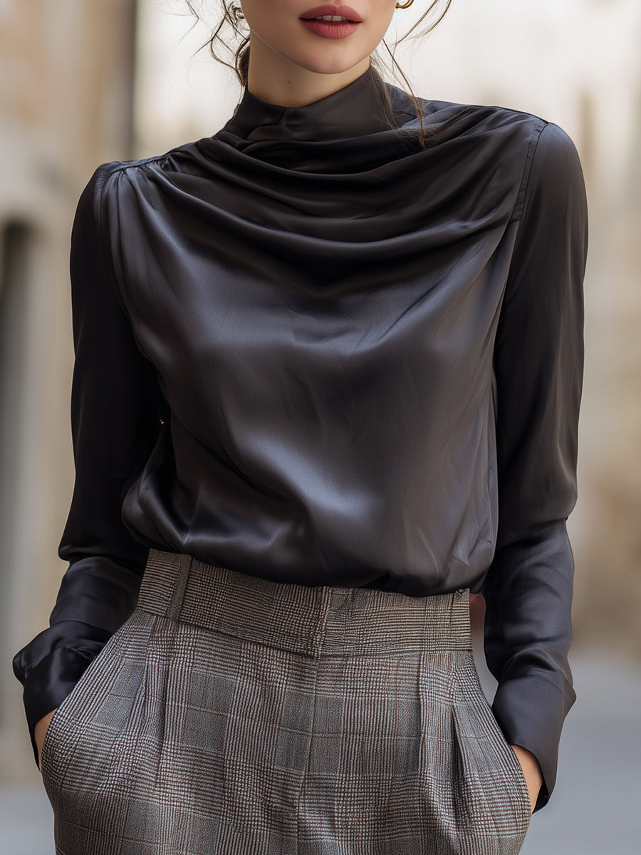 Draped High-Neck Black Satin Blouse