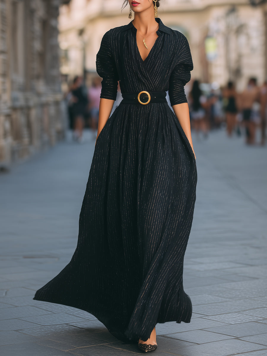 Elegant Pinstripe Wrap-Style Maxi Dress With Belt