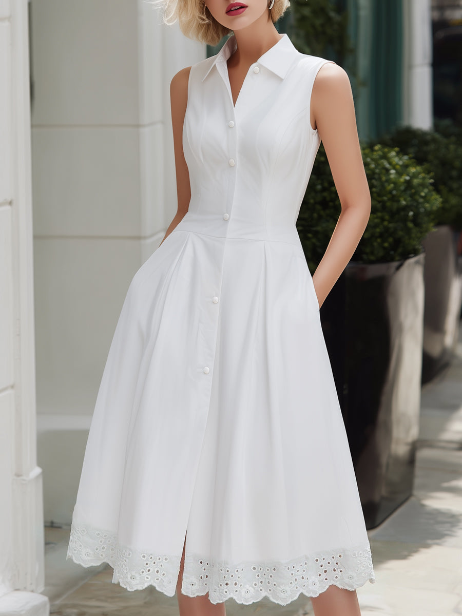 Sleeveless Button-Front Lace Hem Midi Dress