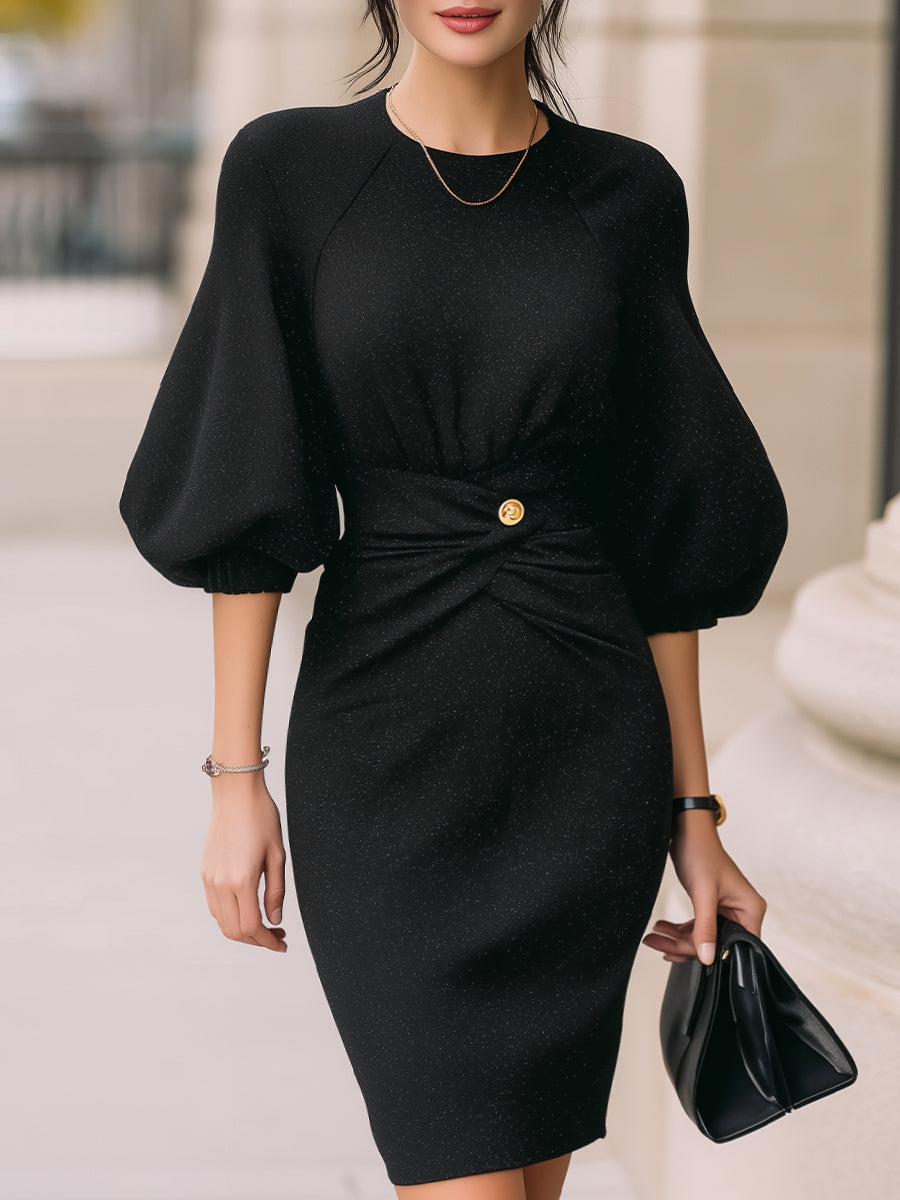 Elegant Sparkle Knit Puff-Sleeve Waist Twist Midi Dress