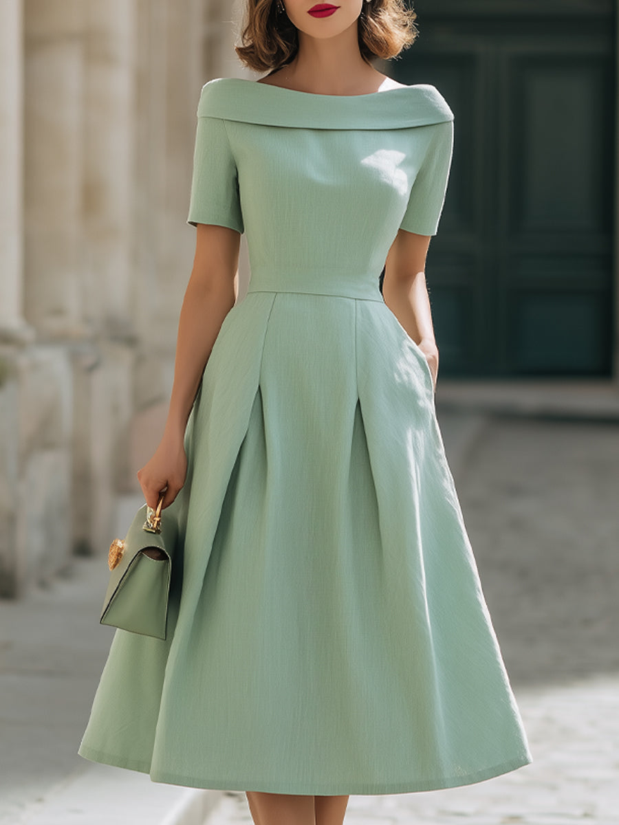 Mint Green Off-Shoulder Short Sleeve Fit-and-Flare Midi Dress With Pockets