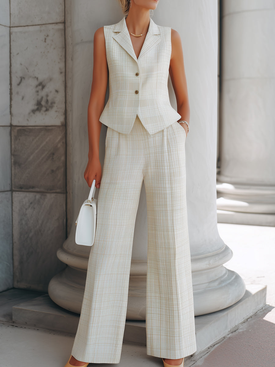 Plaid Sleeveless Tailored Vest And Wide-Leg Trousers Set