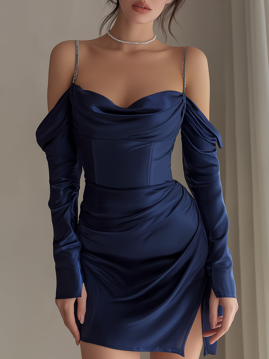 Navy Satin Off-Shoulder Draped Mini Dress With Embellished Straps