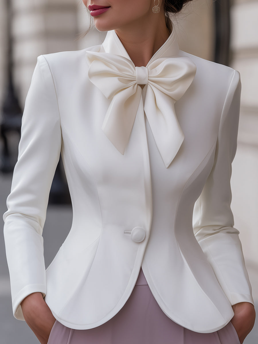 Elegant Long Sleeve Bow-Tie Peplum Blazer