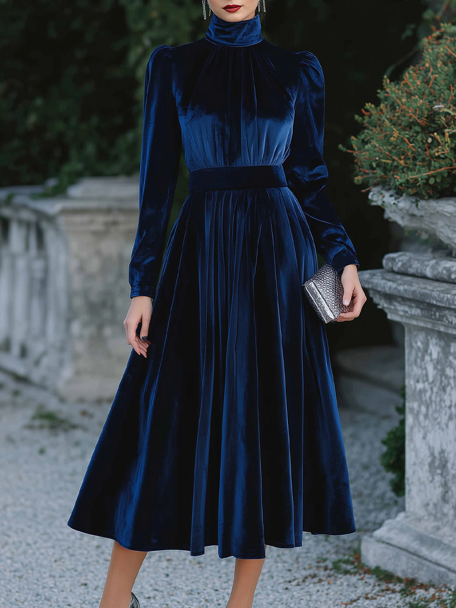 High-Neck Pleated Velvet Midi Dress