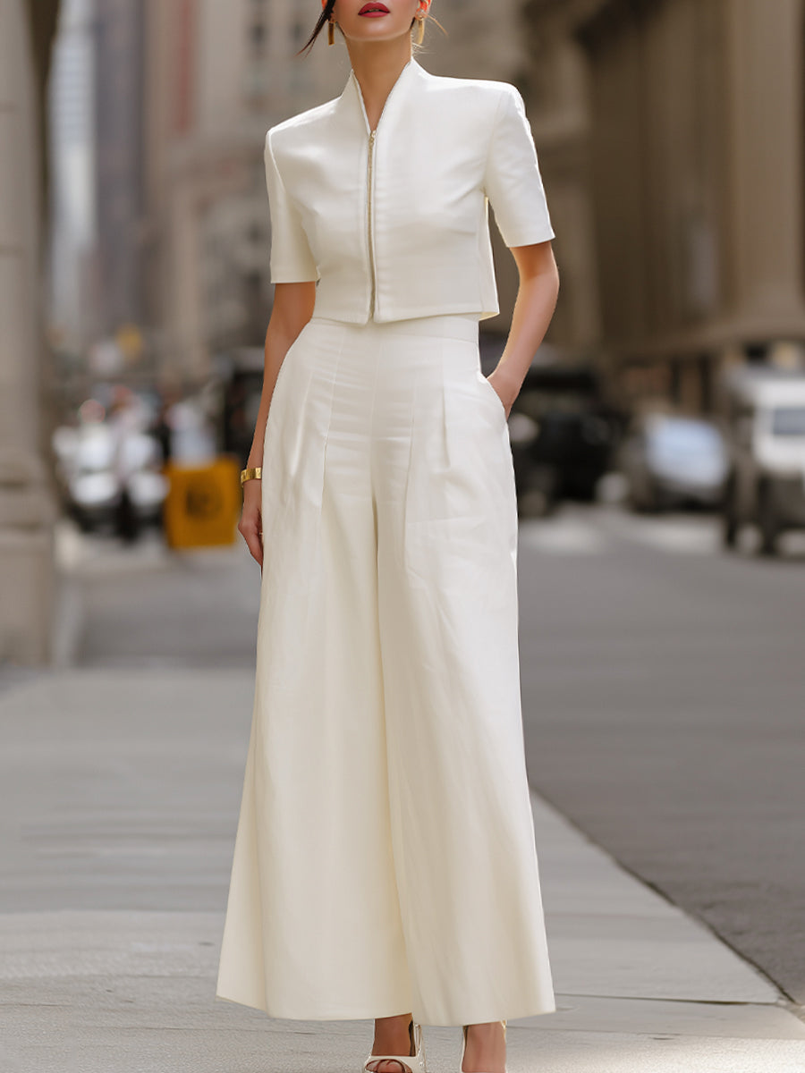 Modern Structured Two-Piece Set – Cropped Zip-Front Jacket & Wide-Leg Trousers