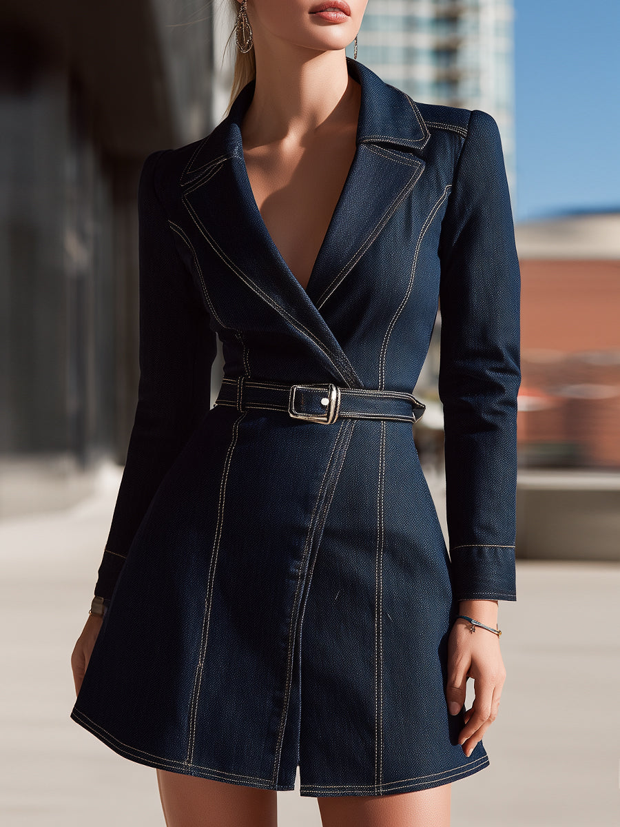 Dark Denim Belted Blazer Mini Dress