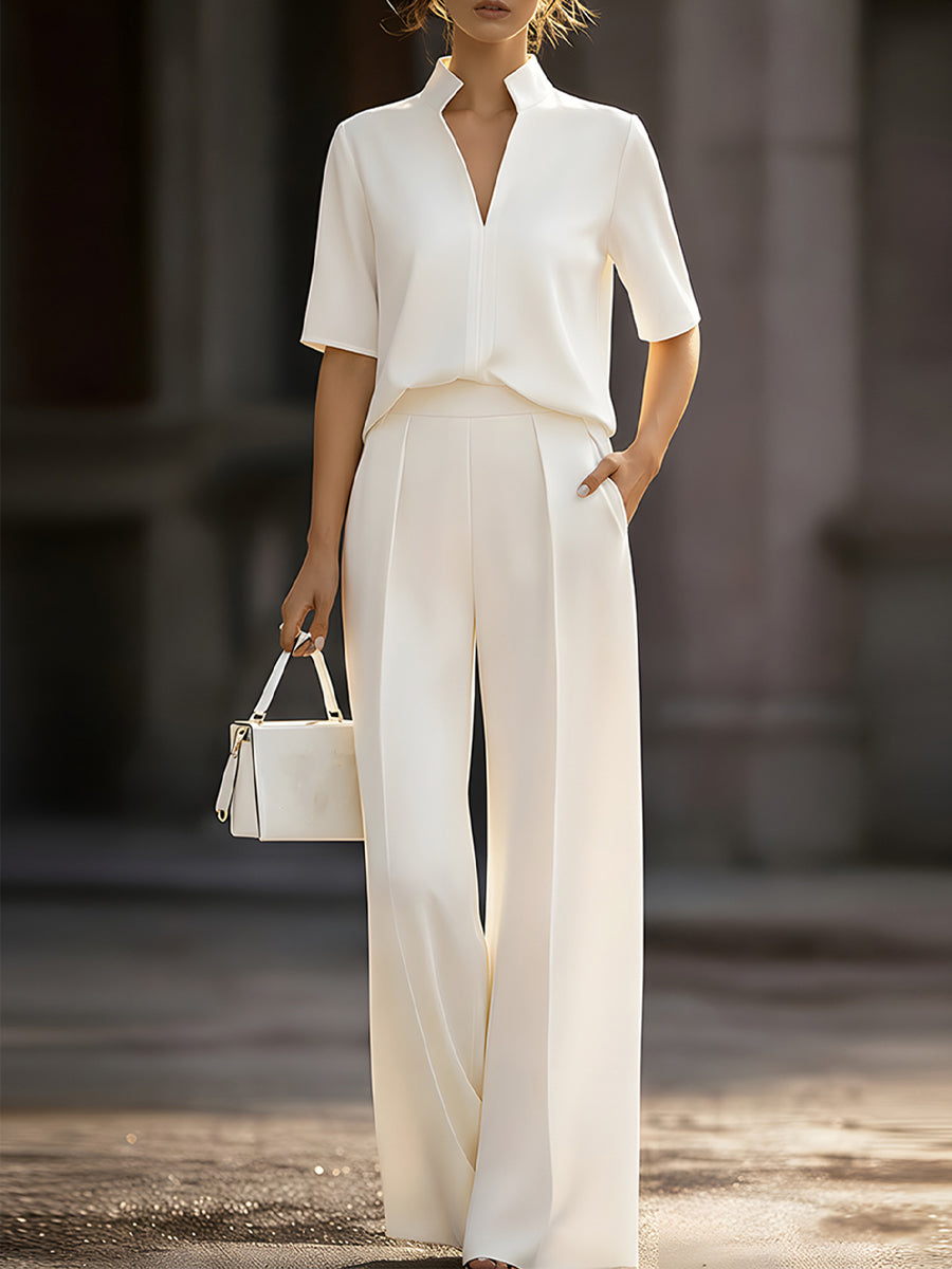 Ivory Stand Collar Split Neck Blouse & Wide-Leg Pants Two-Piece Suit
