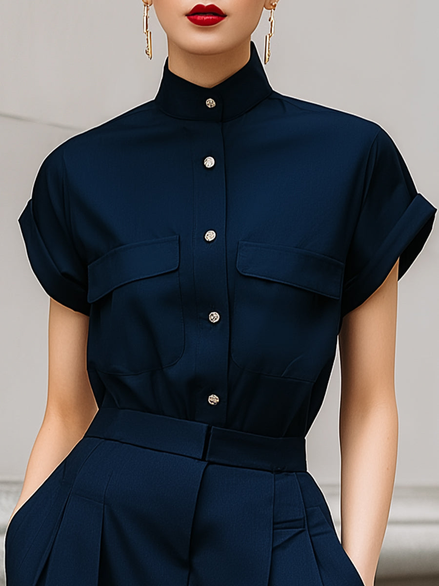 Navy Stand Collar Utility Short Sleeve Top