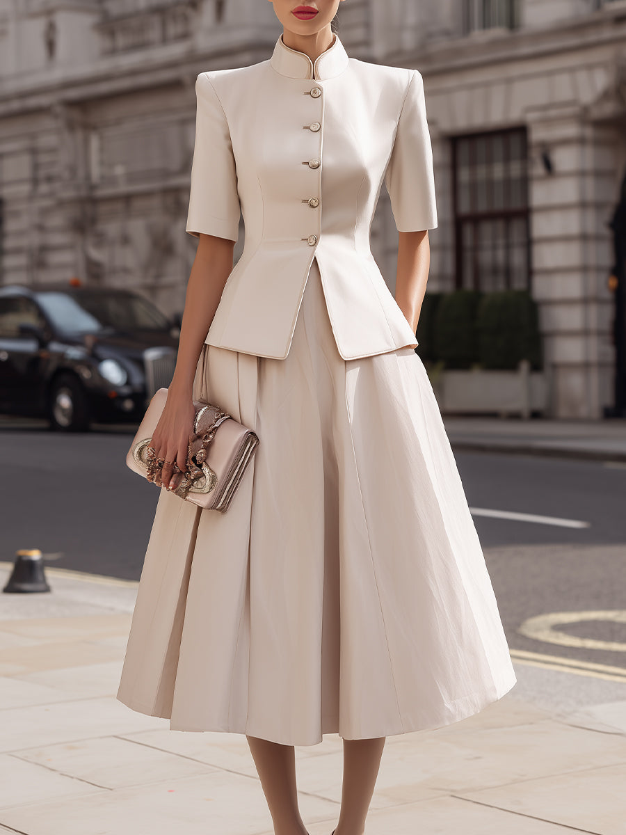 Structured Mandarin Collar Peplum Jacket & A-Line Midi Skirt Set