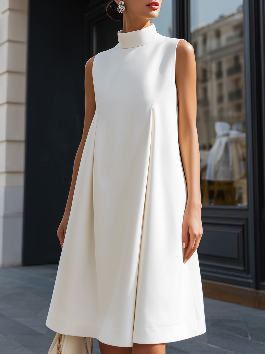 Minimalist High-Neck Sculpted A-Line Midi Dress