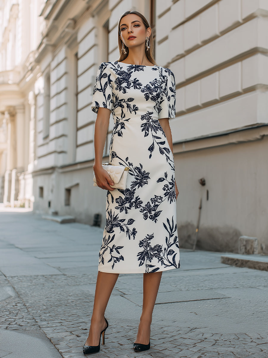 Botanical Print Short Sleeve Midi Dress Mooyius Botanical Print Short Sleeve Midi Dress Mooyius