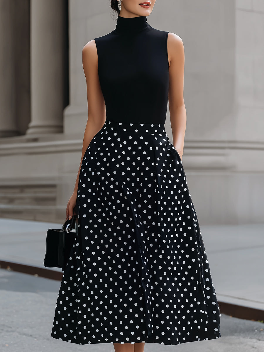 Timeless Black Turtleneck & Polka Dot Midi Dress