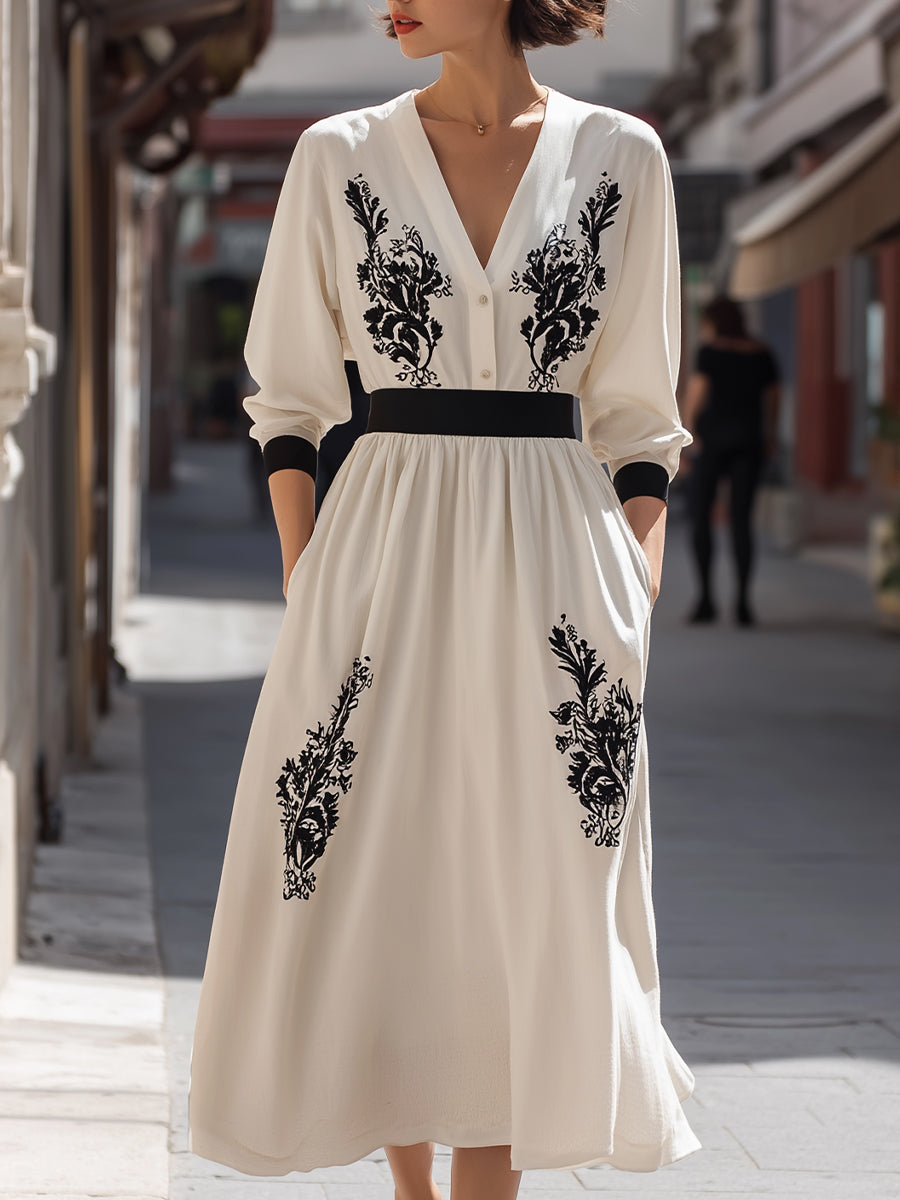 Embroidered Waist-Defined Midi Dress