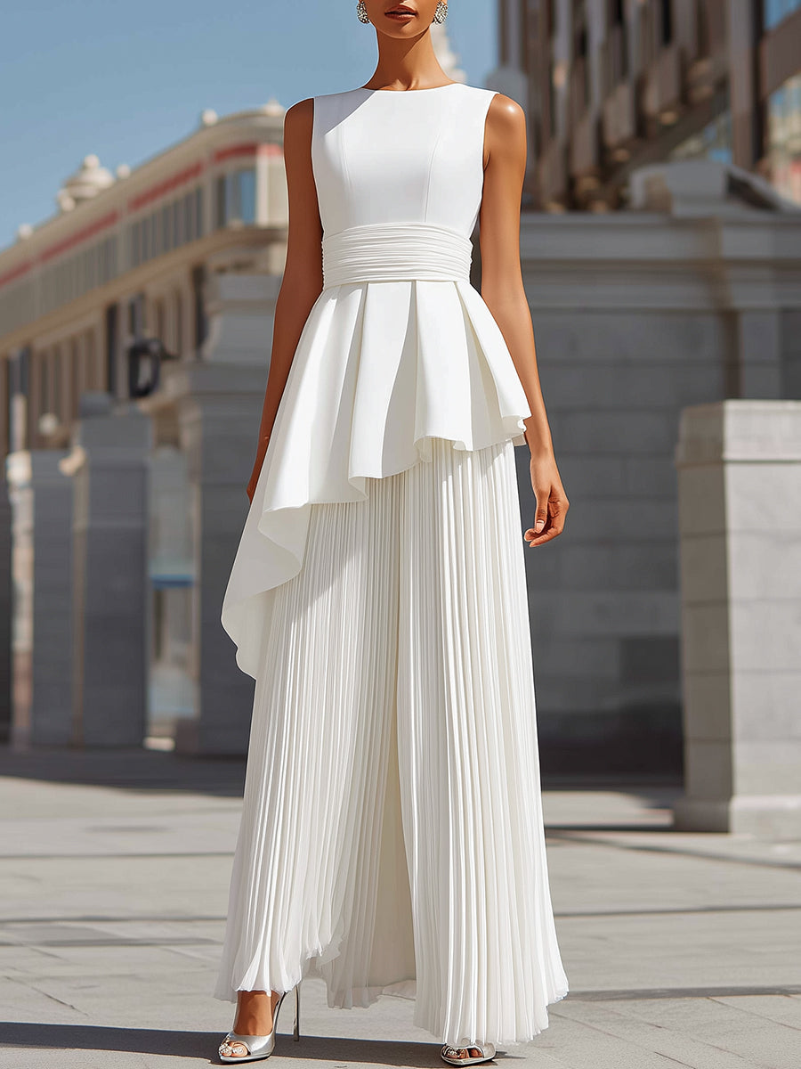 Sculpted Asymmetric Peplum & Pleated Maxi Gown In White