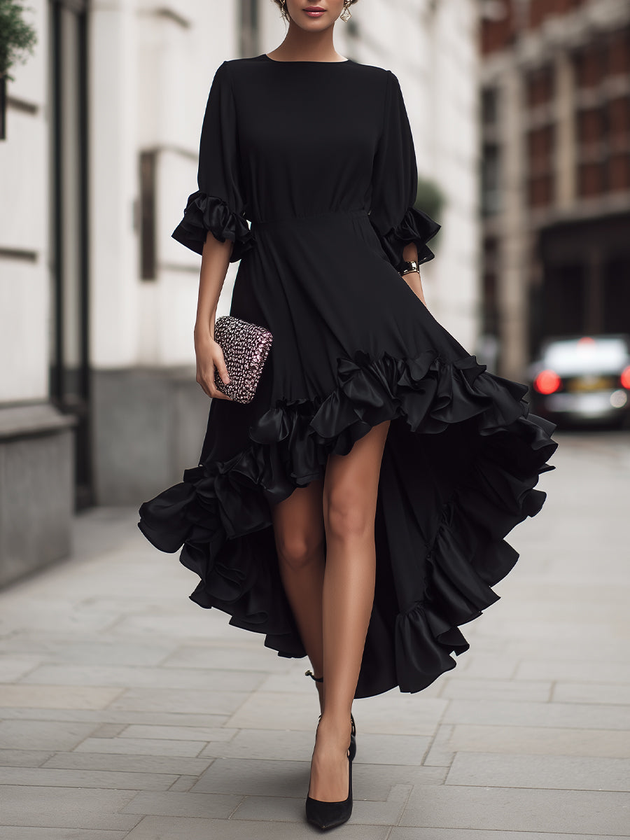 Asymmetric Ruffle Hem Long Sleeve Midi Dress