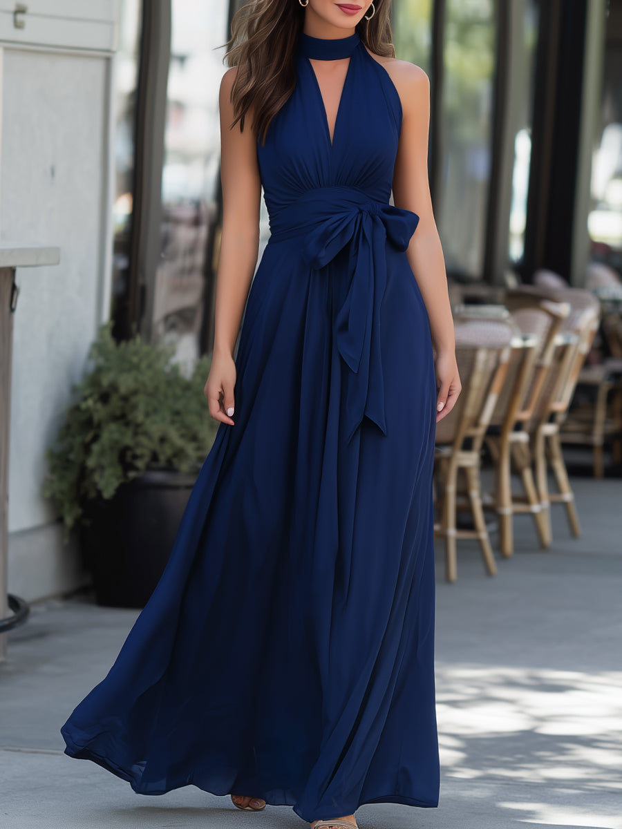 Halter Neck Tie-Waist Flowing Maxi Dress