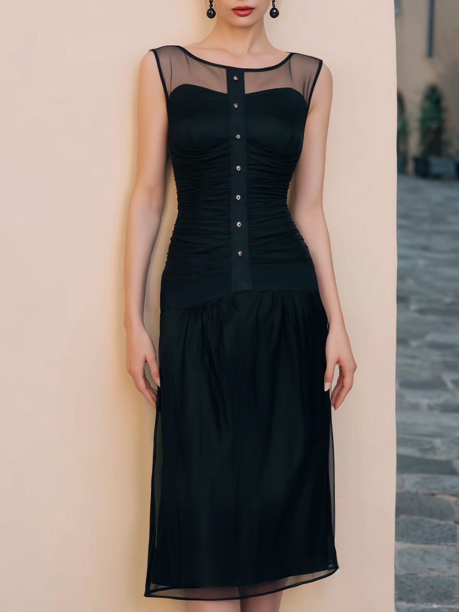 Sheer Mesh Ruched Panel Midi Dress