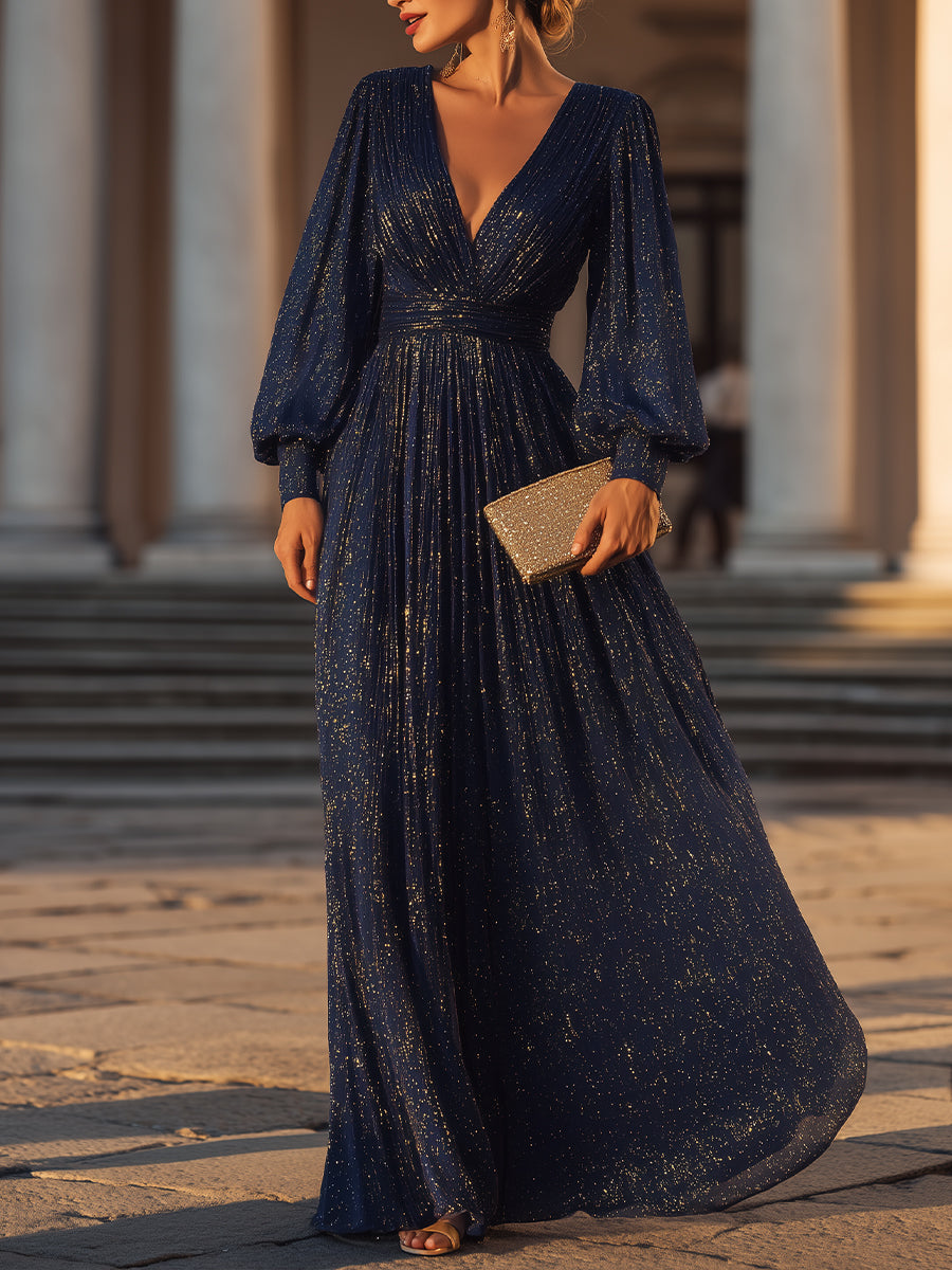 Long Sleeve Shimmer Pleated V-Neck Gown