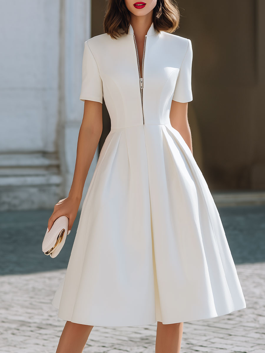 Elegant White Stand-Collar Midi Dress