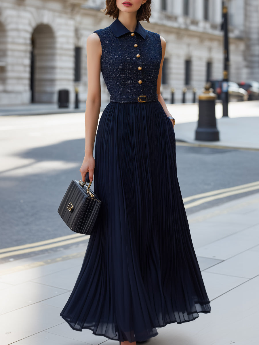 Sleeveless Collared Pleated Dress With Gold-Tone Buttons