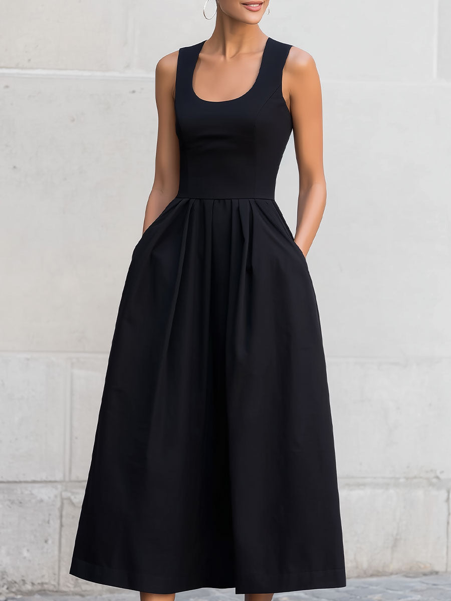 Black Sleeveless Square-Neck Midi Dress
