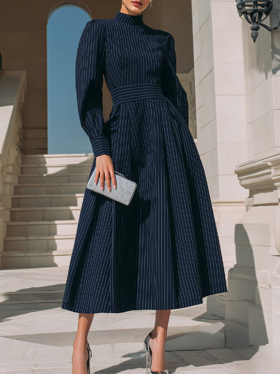 High-Neck Pinstripe Midi Dress With Structured Waist