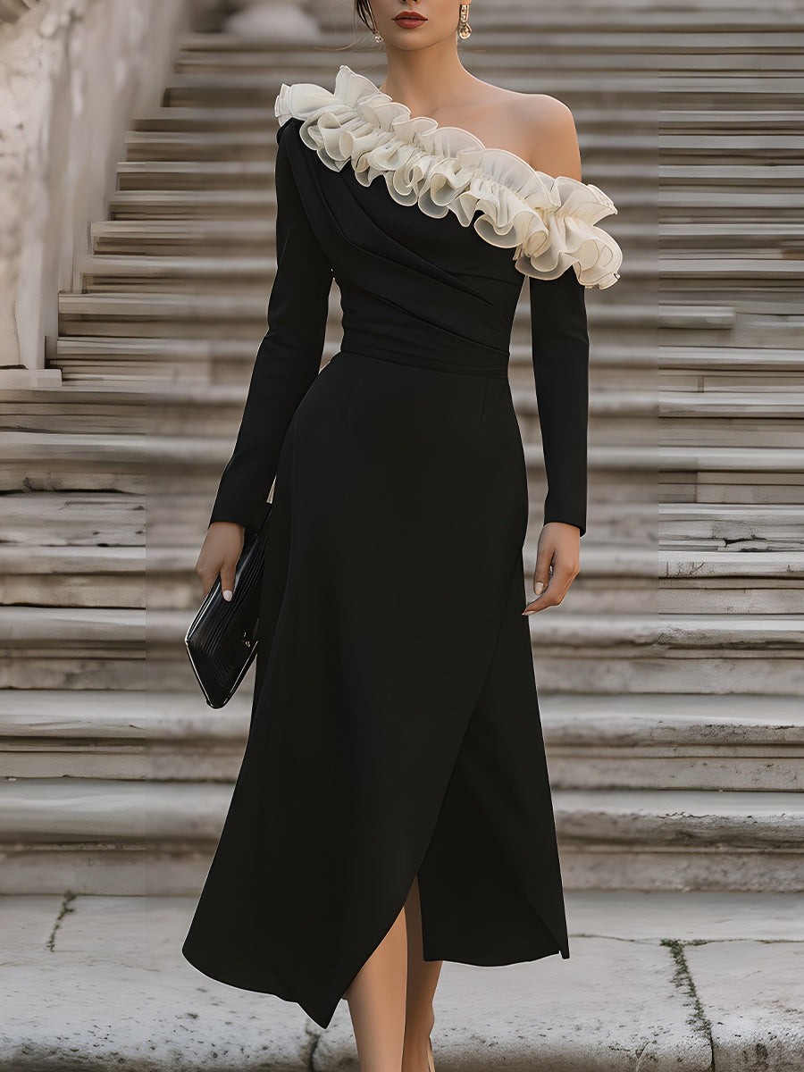 Asymmetric Ruffled Off-Shoulder Midi Dress